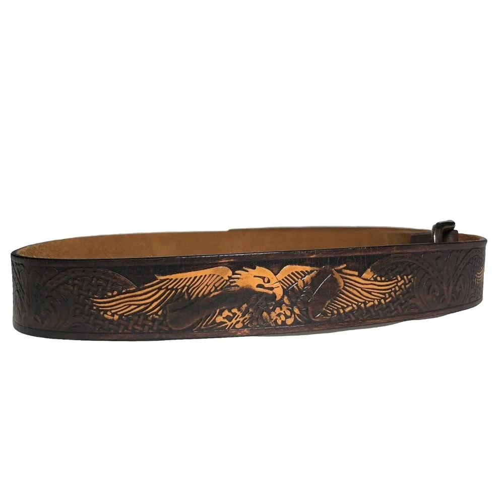 VTG Wrangler Belt Mens‎ 44 Tooled Genuine Leather American Bald Eagle Brown